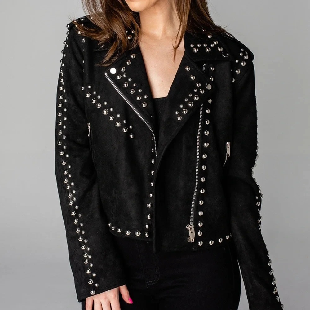 Buddy Love Black Studded Suede Moto Jacket – Women's Edgy Biker Style Size L